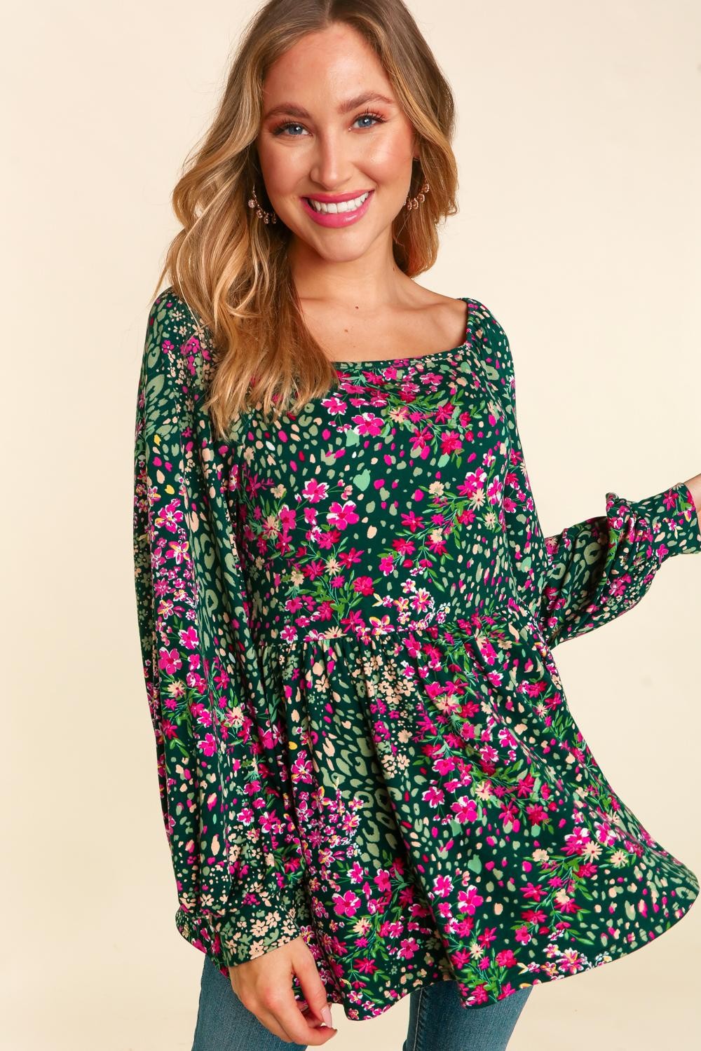 Green Floral Square Neck Babydoll Blouse