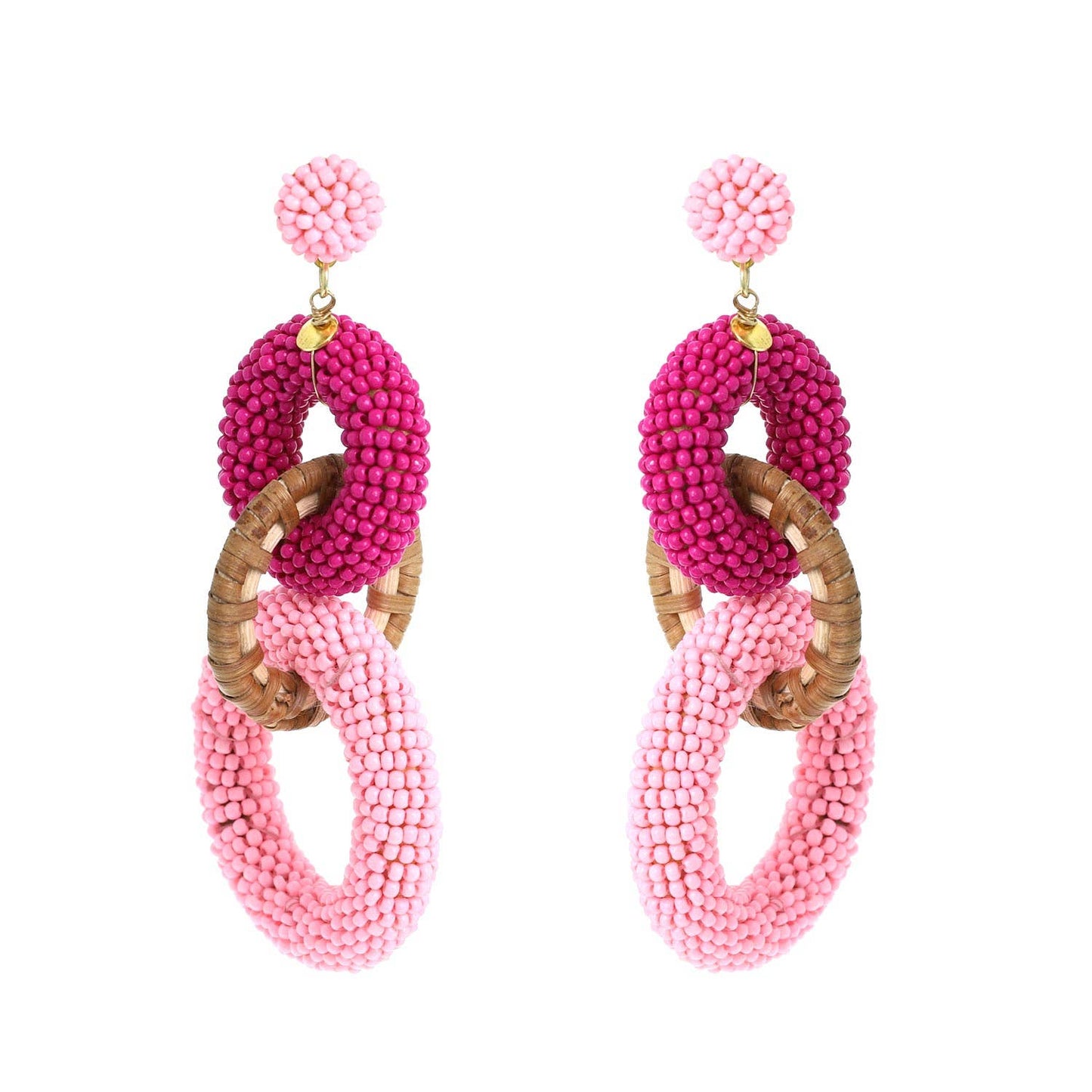 Boho Triple Link Long Drop Earrings - Pink