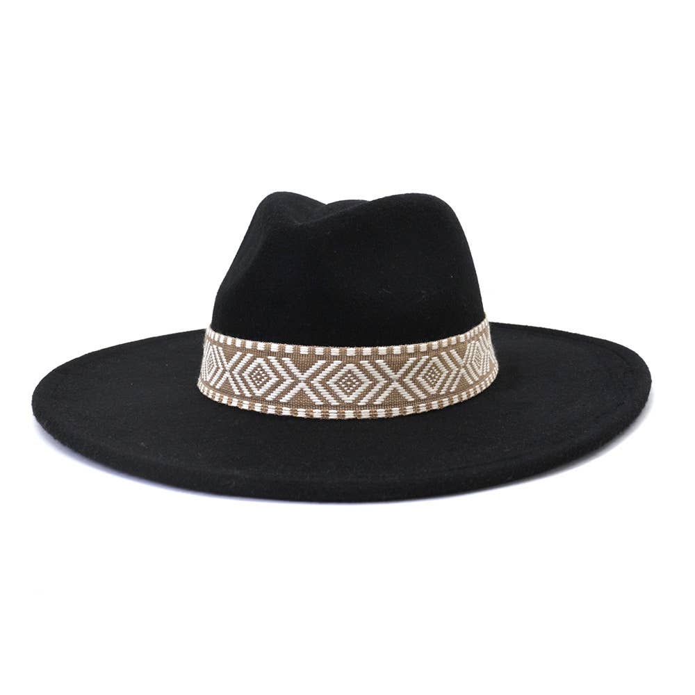 Wide Brim Fedora Hat with Aztec Belt